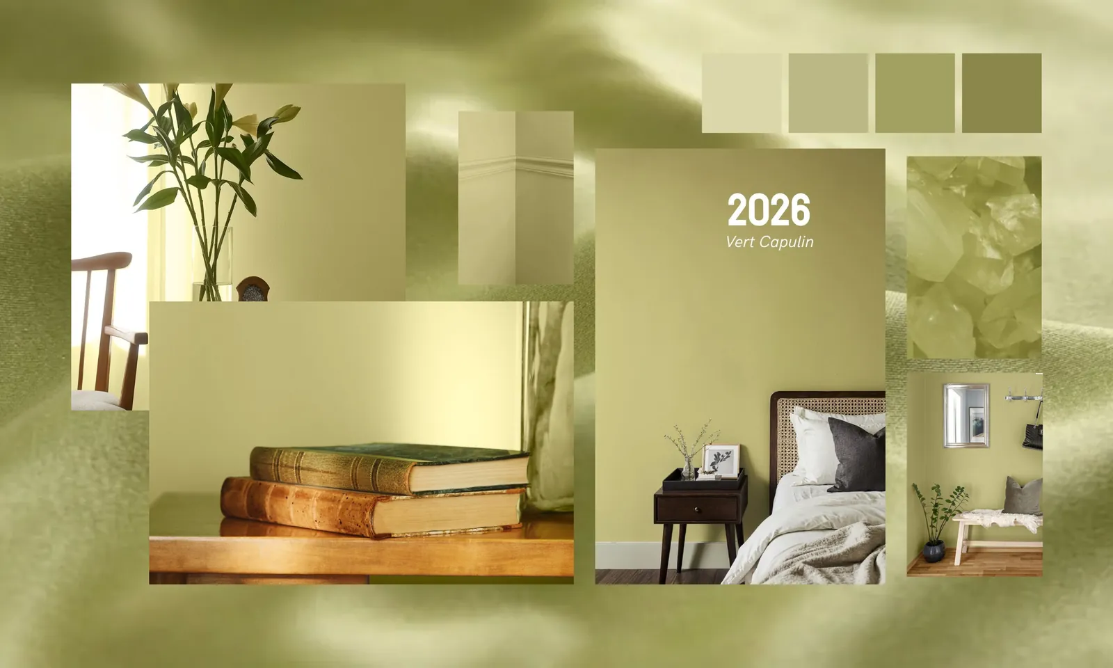 Vert Capulin, couleur de l'année 2026 : chambre, bibliothèque et nuancier dans les tons vert tilleul